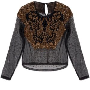 AllSaints Greta Beaded Sheer Top Black Gold Embellished Long Sleeve Size 8 NWT